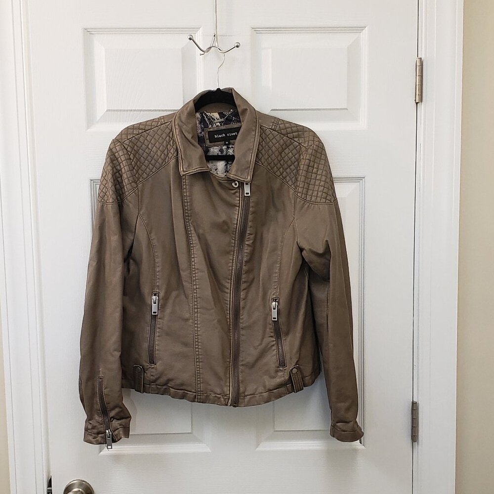 Camel brown, leopard lined, biker bomber jacket with zippers, XL